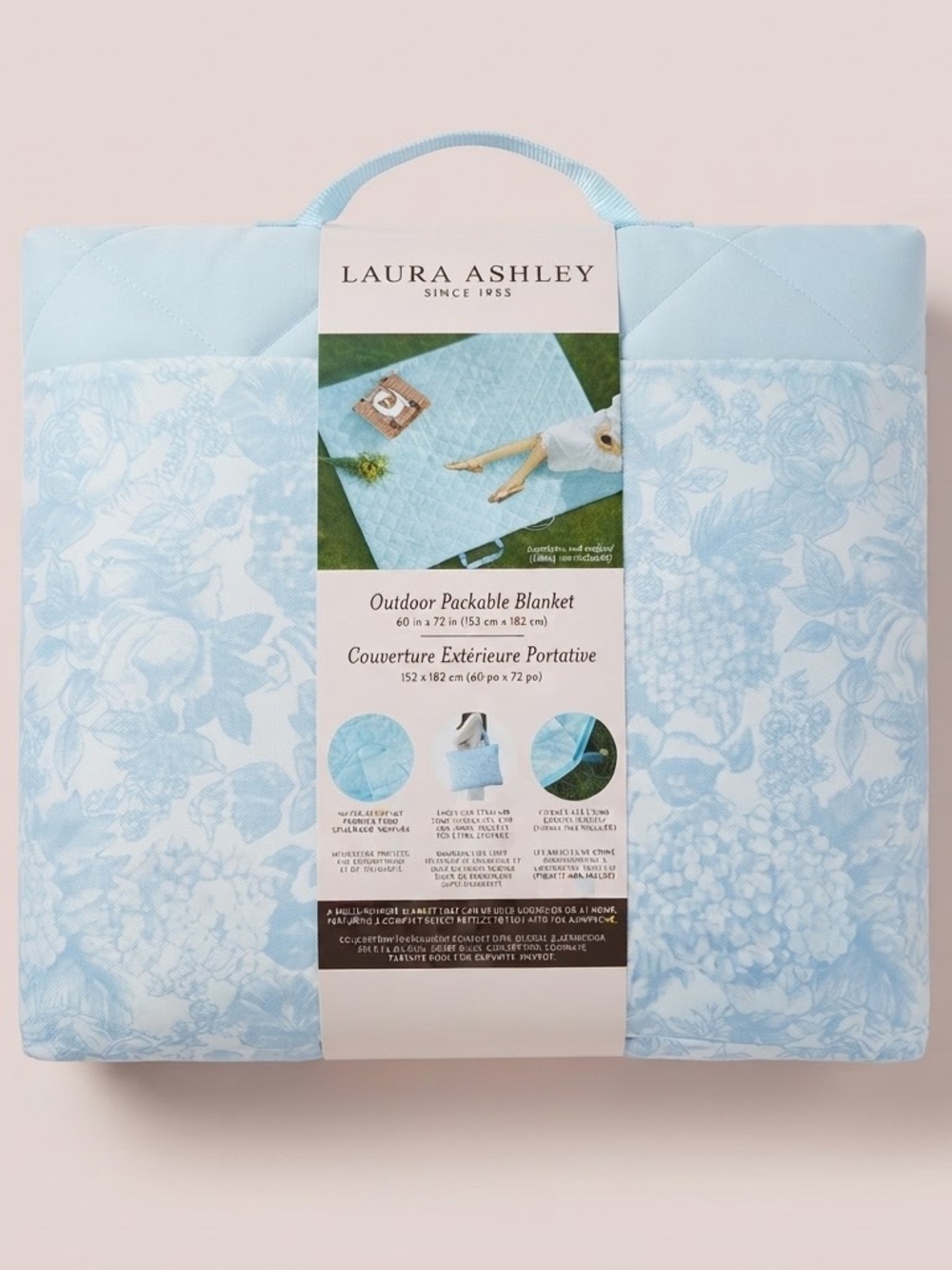 NWT Laura Ashley Light Blue Floral Outdoor Packable Blanket